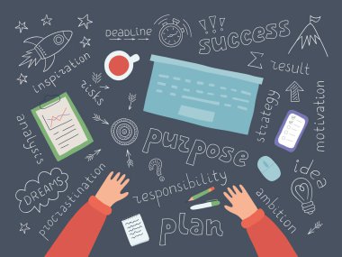 Planlama süreci başarıya doğru adım adım ilerler. Motivasyon, geciktirme, ilham. Bir plan ya da strateji düşünme sembolleri.