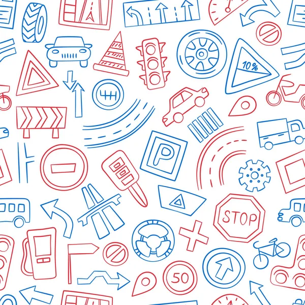Bilar, vägobjekt, trafikskyltar och bilsymboler. Sömlöst mönster i doodle-stil. Vektorillustration — Stock vektor