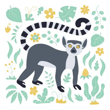 Cute funny ring-tailed lemur and tropical plant. Madagascar exotic Lemur catta. Vector illustration in flat and cartoon style