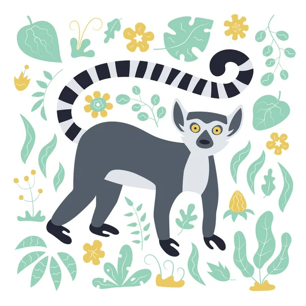 Śliczny, zabawny lemur i tropikalna roślina. Egzotyczny katta z Madagaskaru. Ilustracja wektora w stylu płaskim i kreskówki — Wektor stockowy