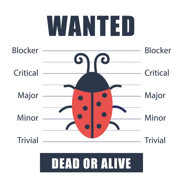 Wanted bug as symbol software testing, quality assurance, debugging. The priorities of the defect. Vector illustration — Stock Vector