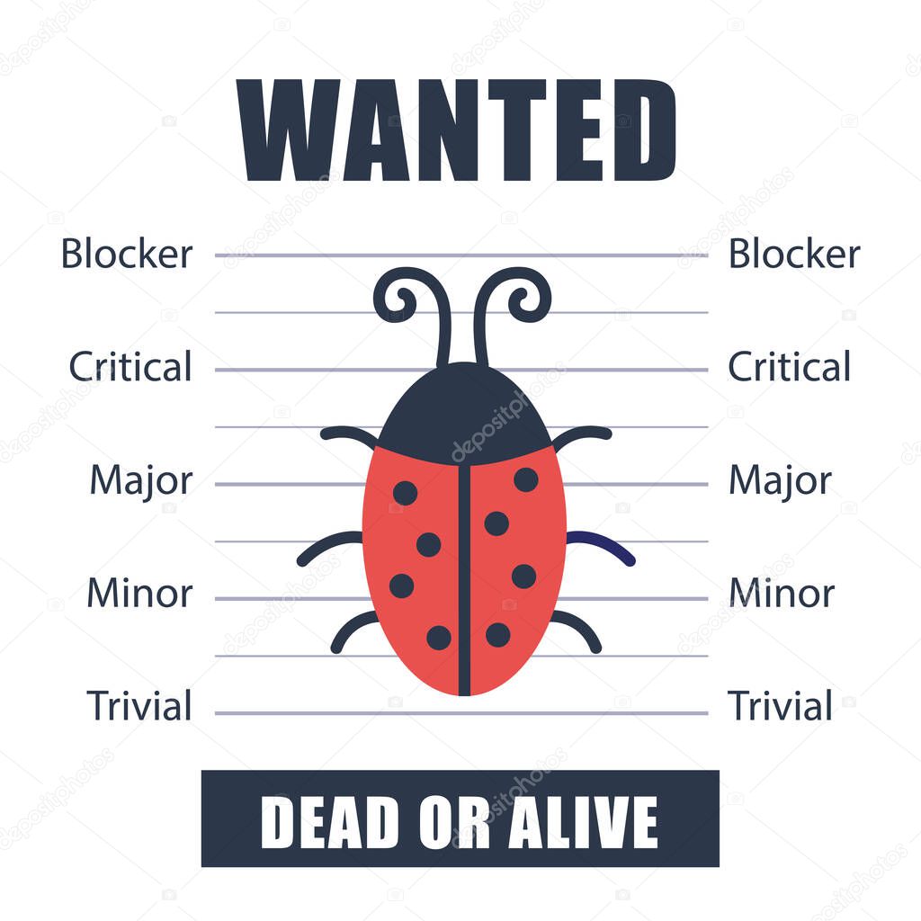 Wanted bug as symbol software testing, quality assurance, debugging. The priorities of the defect. Vector illustration