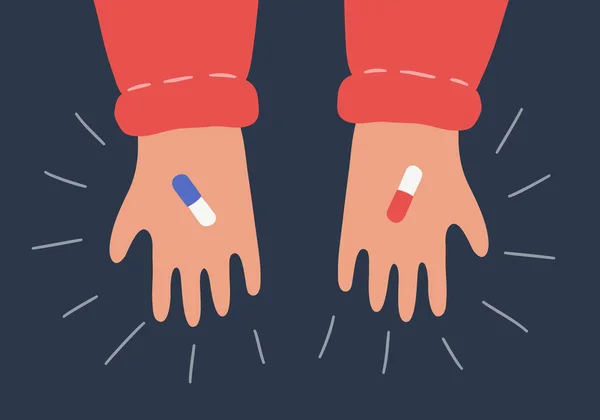 Ruce s červenými a modrými pilulkami. Symbol těžké volby a důležité rozhodnutí. Vektorová ilustrace — Stockový vektor