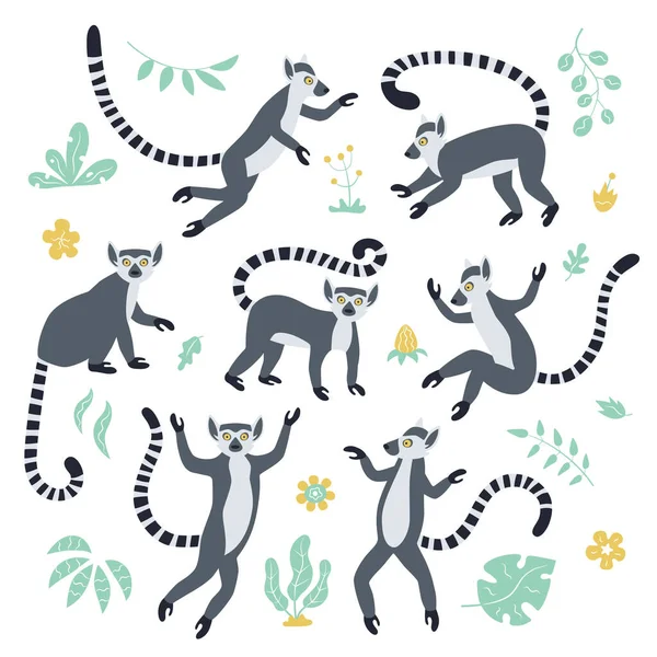 Śliczne śmieszne lemury i tropikalne rośliny. Egzotyczna kotka Lemur. Zestaw ilustracji wektorowych w stylu kreskówkowym i płaskim — Wektor stockowy