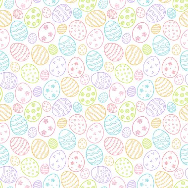 Büyük Paskalya 'nın sembolü olarak süslenmiş yumurtalar. Karalama tarzında kusursuz bir desen. Renk vektörü illüstrasyonu