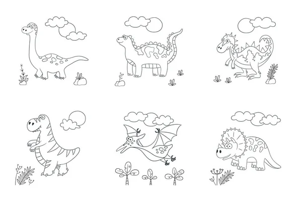 Lindos dinosaurios. Un juego de dino. Ilustración vectorial en garabato y estilo de dibujos animados — Vector de stock