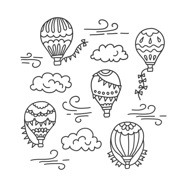 Globo de aire caliente y nubes. Vector dibujado a mano garabato ilustración — Archivo Imágenes Vectoriales