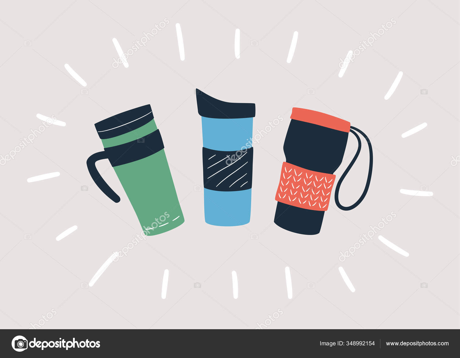 Tazas reutilizables, taza termo y vasos con tapa para llevar café o té  caliente. Objeto dibujado a mano. Vector Vector de stock por ©Elena  Pimukova 348992154