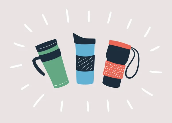 Herbruikbare kopjes, thermo mok en bekers met deksel voor het afhalen van warme koffie of thee. Met de hand getekend object. Vector — Stockvector