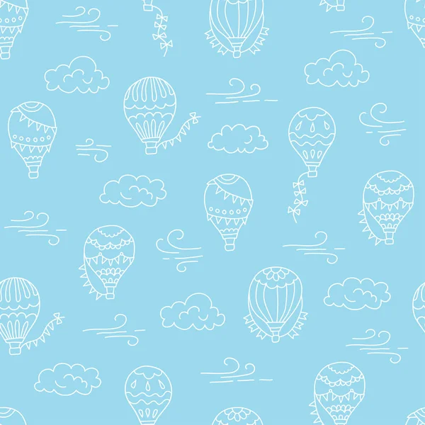 Heißluftballons und Wolken. Farbe handgezeichnet nahtlose Muster. Vektorillustration — Stockvektor