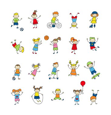 Funny small kids play, run and jump. Cute doodle children, boys and girls. A set of color isolated characters. Hand drawn vector illustration