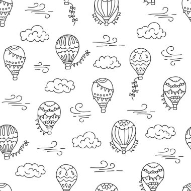 Hot air balloons and clouds. Hand drawn seamless pattern. Vector illustration in doodle style