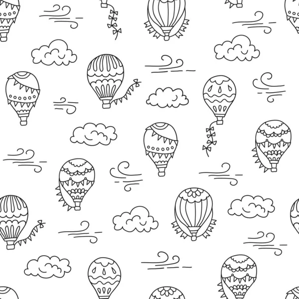 Hot air balloons and clouds. Hand drawn seamless pattern. Vector illustration in doodle style — Stock Vector