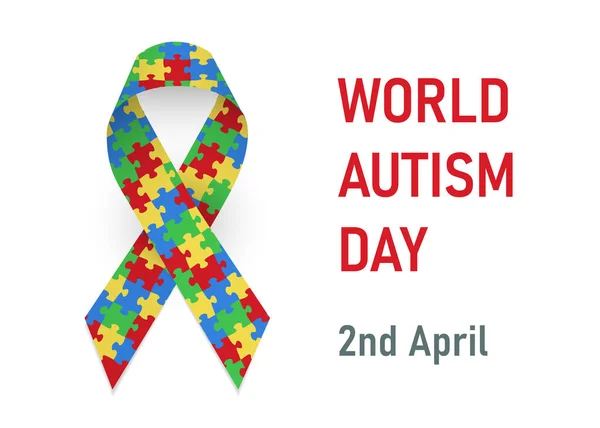 World Autism Day. 2 april. Card with colorful satin puzzle ribbon and text. Vector illustration — Stockvektor