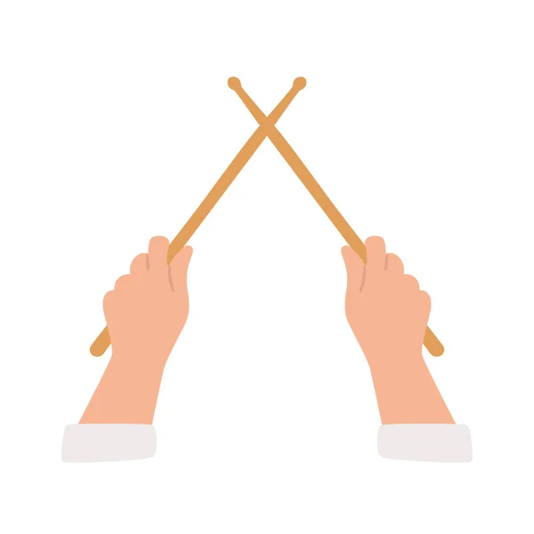 Hand holding drum stick. Crossed wooden drumsticks. Isolated on white background. Top view. Vector llustration — Stock Vector