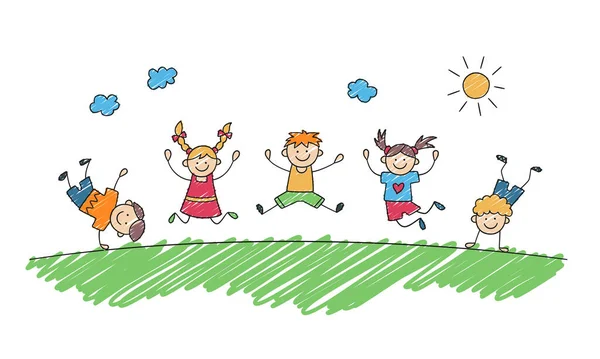 Niños felices saltan juntos en el parque de verano. Graciosos niños saltando. Niños dibujando pintados con marcadores. Doodle vector dibujado a mano — Archivo Imágenes Vectoriales