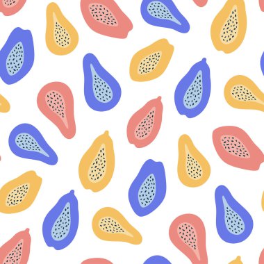 Renkli el çizimi papaya deseni. Papaya 'nın yarısı. Kumaş, ambalaj ya da duvar kağıdı için kusursuz tasarım. Vektör illüstrasyonu