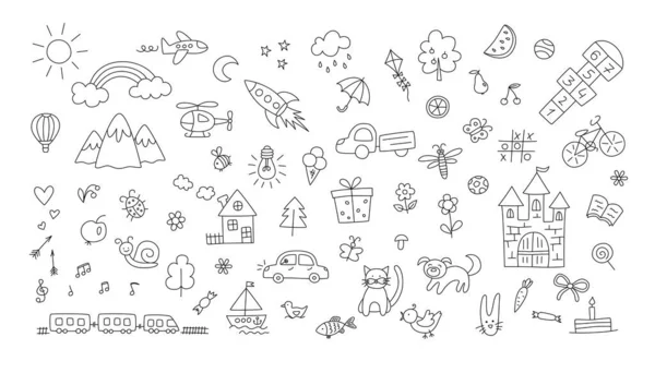 Satu set gambar anak-anak. Kotoran anak-anak. Matahari dan pelangi di atas pegunungan, kastil ksatria dan benda-benda lainnya. Vektor Grafik Vektor