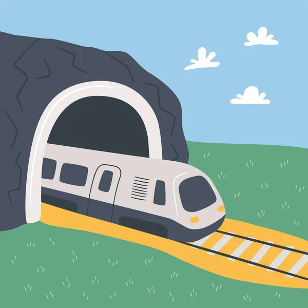 Trem de alta velocidade e túnel de montanha. Ilustração vetorial desenhada à mão — Vetor de Stock