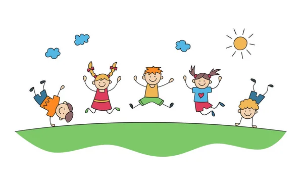 As crianças saltam juntas. Miúdos engraçados a saltar. Feliz infância. Ilustração vetorial de doodle —  Vetores de Stock