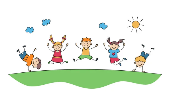Çocuklar birlikte zıplar. Komik zıplayan çocuklar. Mutlu bir çocukluk. Doodle vektör illüstrasyonu
