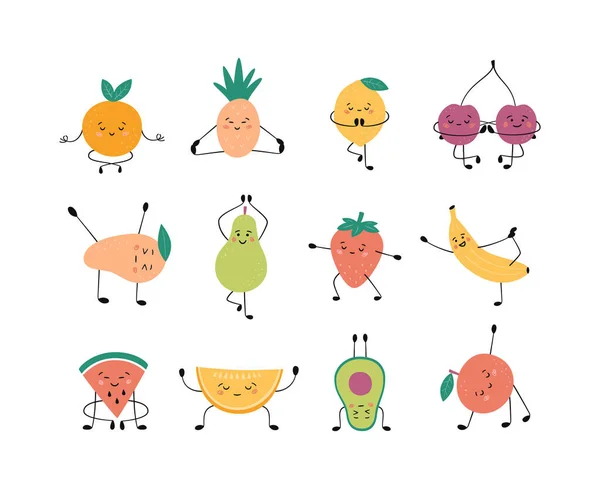 Słodkie owoce i jagody w pozycji do jogi. Jabłko, banan, gruszka i inne owoce uprawiające jogę i medytujące — Wektor stockowy