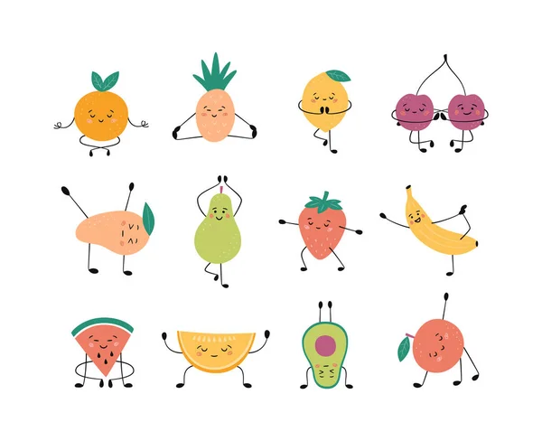 Cute fruits and berries in yoga pose. Apple, banana, pear and other fruits practicing yoga and meditates Royalty Free Stock Illustrations