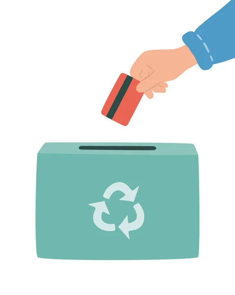 Main dépose les cartes en plastique usagées dans la poubelle pour recyclage. Élimination sûre des cartes cadeaux ou de fidélité en plastique . — Image vectorielle