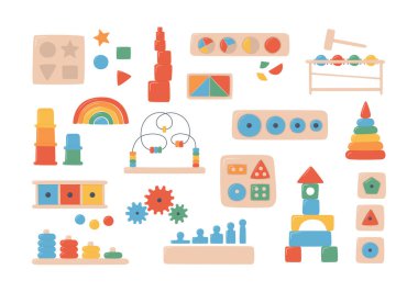 Çocuklar Montessori oyunları için tahta oyuncaklar. Anaokulu çocukları için eğitim mantığı oyuncakları.