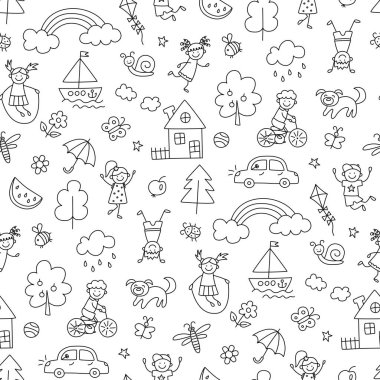 Yaz parkında mutlu çocuklar. Komik küçük çocuklar oynar, koşar ve zıplar. Kusursuz desen