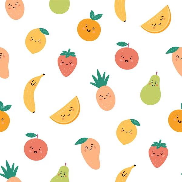 Patrón sin costuras con frutas divertidas. Kawaii sonriendo personajes de frutas . — Archivo Imágenes Vectoriales