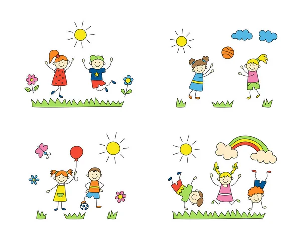 Fun children play outdoors. Cute doodle kids, boys and girls. — Stock Vector