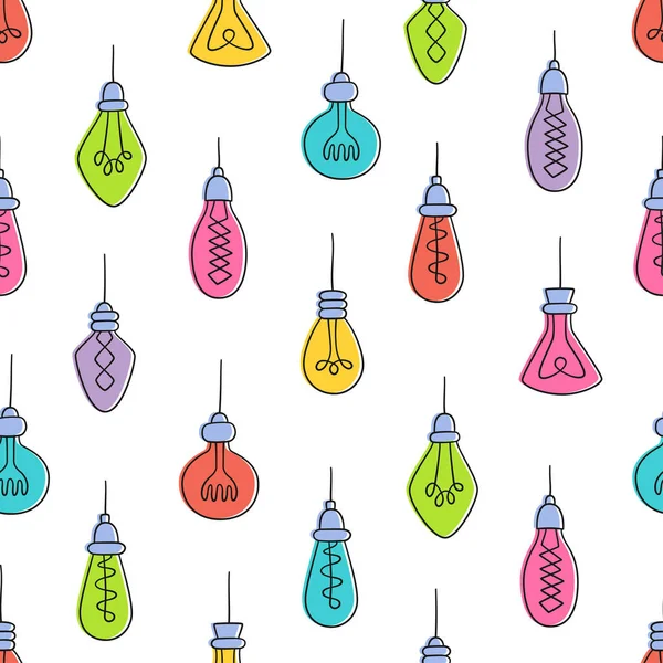 Handgezeichnete nahtlose Muster von Glühbirnen. Color Loft Lampen im Doodle-Stil. — Stockvektor