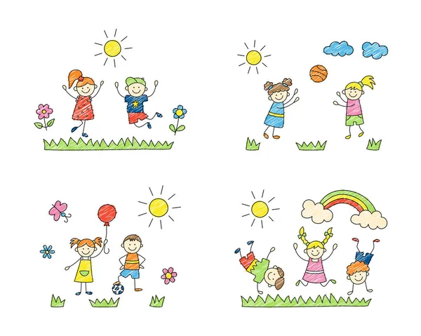 Happy children play on the grass. Cute doodle kids, boys and girls. — Stock Vector