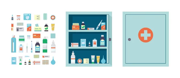 Φαρμακείο γεμάτο φάρμακα, δισκία και μπουκάλια. Ιατρικό ντουλάπι με κλειστή και ανοιχτή πόρτα. — Διανυσματικό Αρχείο