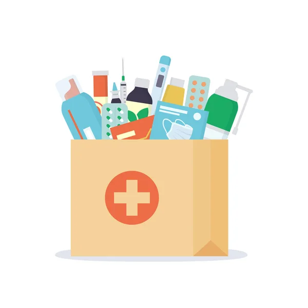 Paper bag with medicines, drugs, pills and bottles inside. Home delivery pharmacy service. — Stock Vector