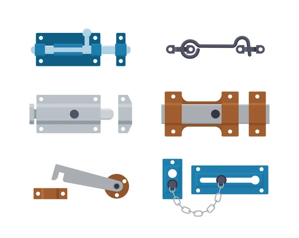 Conjunto de pestillos de puerta de metal, pernos de puerta, ganchos y cadena. Hardware de seguridad de acero. Vector — Archivo Imágenes Vectoriales