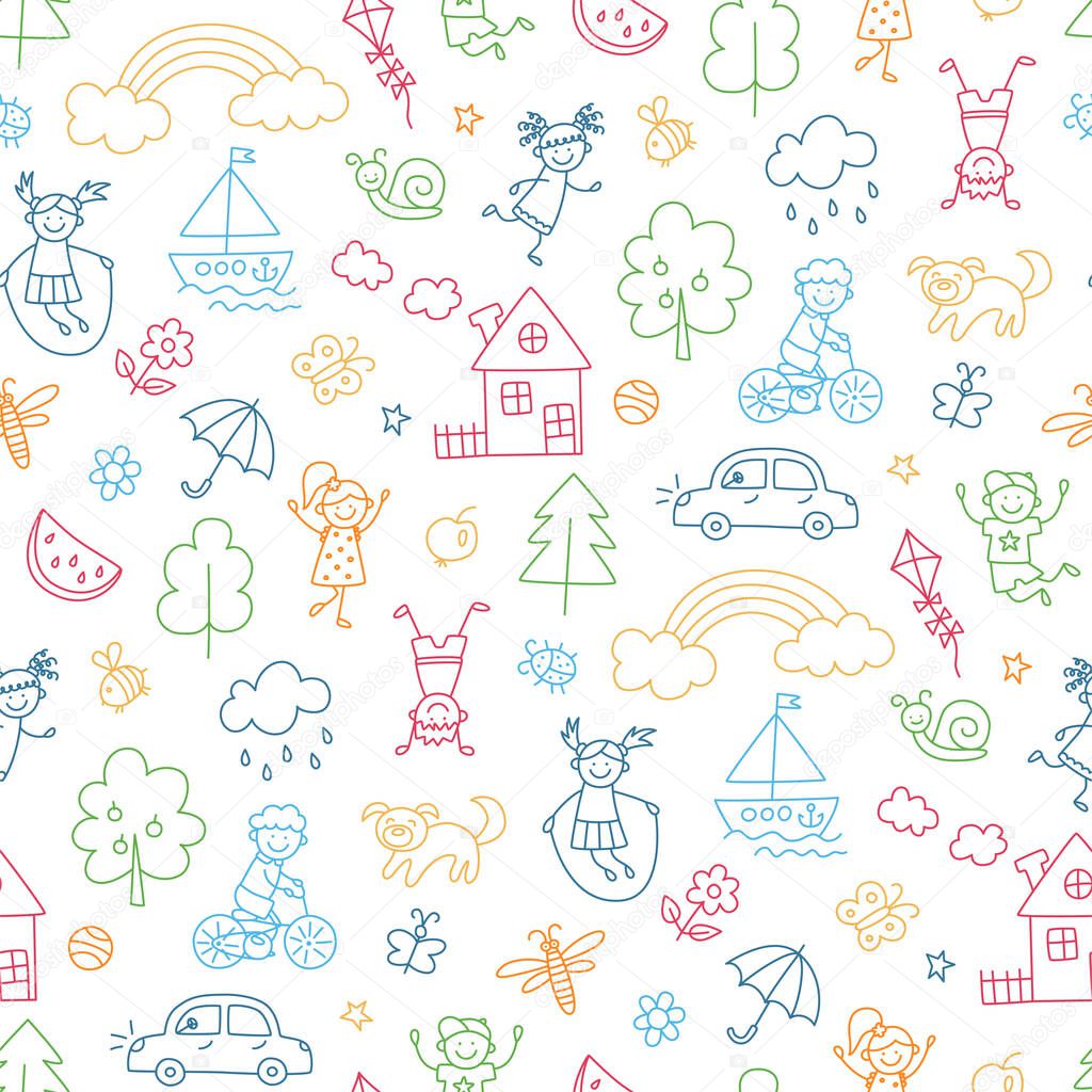 Happy children in summer park. Funny small kids play, run and jump. Seamless pattern
