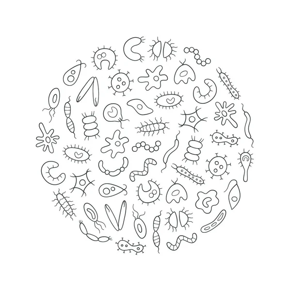 Mikrobi, virus, bakterie a patogenní ikony barevné sady. Kolekce abstraktních vektorových bakterií — Stockový vektor