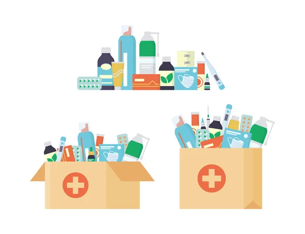 Delivery pharmacy service. Open cardboard box and Paper bag with a set of drugs, pills and bottles inside. — Stock Vector
