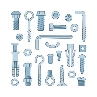 Set of fasteners. Bolts, screws, nuts, dowels and rivets in doodle style. Hand drawn building material. clipart