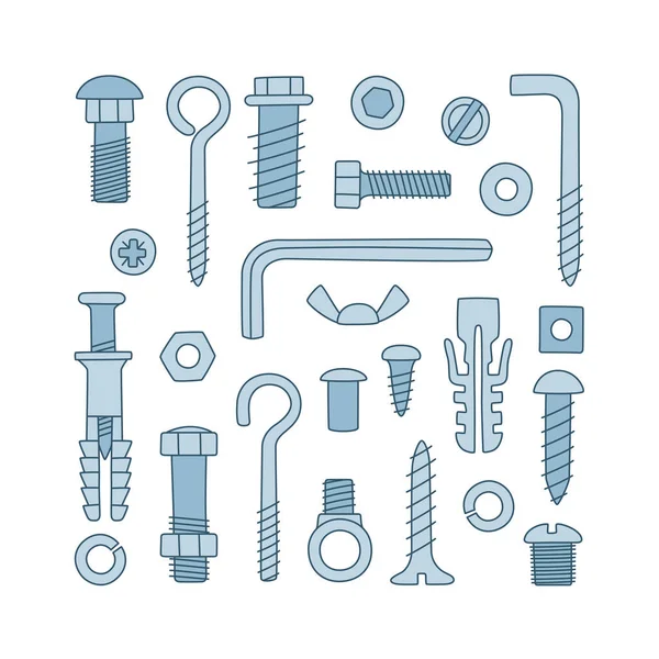 ファスナーのセット。ボルト、ネジ、ナット、ダウエルとドアスタイルのリベット。手描き建築材料. — ストックベクタ