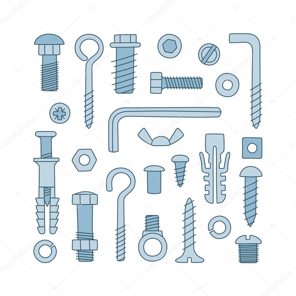 Set of fasteners. Bolts, screws, nuts, dowels and rivets in doodle style. Hand drawn building material.