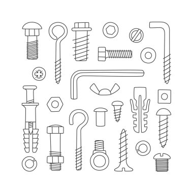 Set of fasteners. Bolts, screws, nuts, dowels and rivets in doodle style. Hand drawn building material. clipart