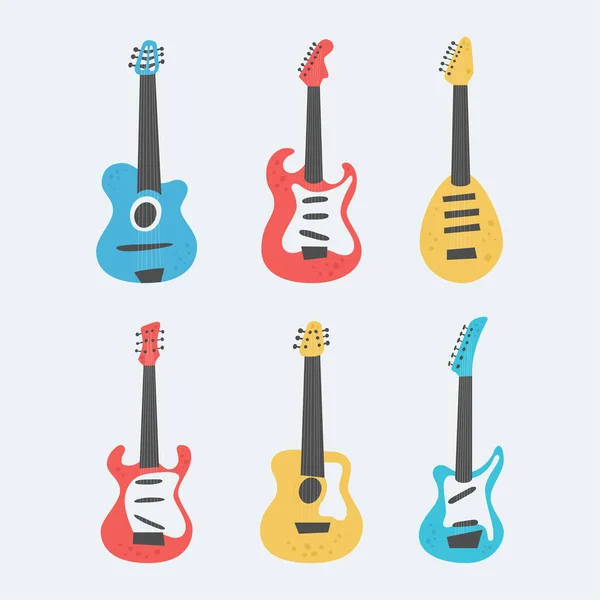 Conjunto de guitarras acústicas y eléctricas sobre fondo claro. Instrumentos musicales de cuerda en lindo estilo plano de dibujos animados . — Vector de stock
