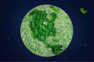 Dünya, şekillendirilmiş gece gökyüzüne karşı yeşil yapraklarla kaplı. Yapraklardan Amerika haritası. Dünya Mozaiği