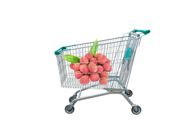 Fruta litchi fresca madura en carro de la compra sobre fondo blanco —  Fotos de Stock