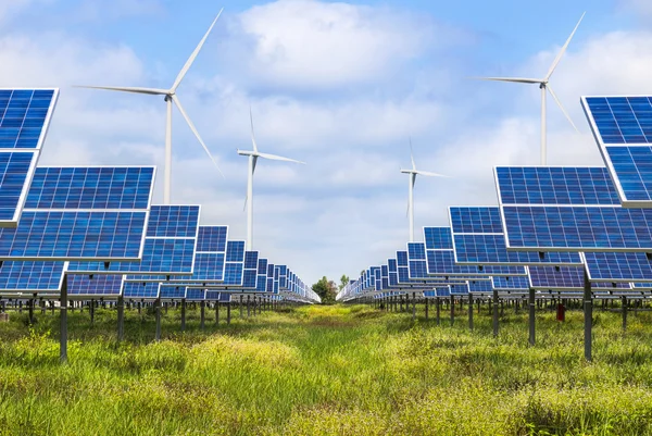 photovoltaics  solar panels and wind turbines generating electricity in solar power station