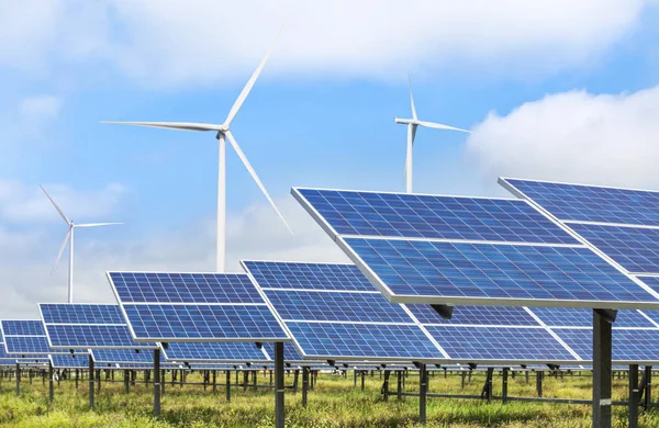 solar cell  and wind turbines generating electricity in  power station