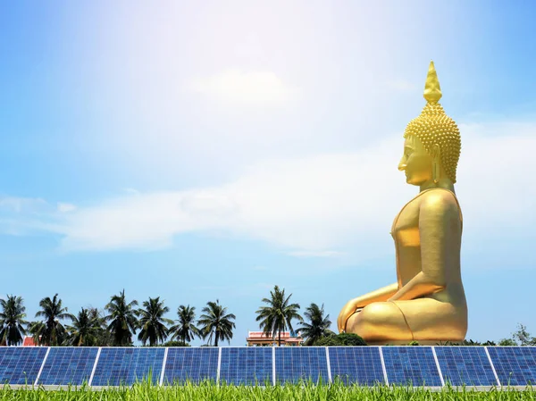 Photovoltaik-Sonnenkollektoren auf Reisfeld mit großer Buddha-Statue — Stockfoto
